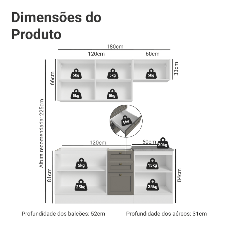 Armário de Cozinha Compacta 180 cm Branco/Cinza Vik Madesa 01