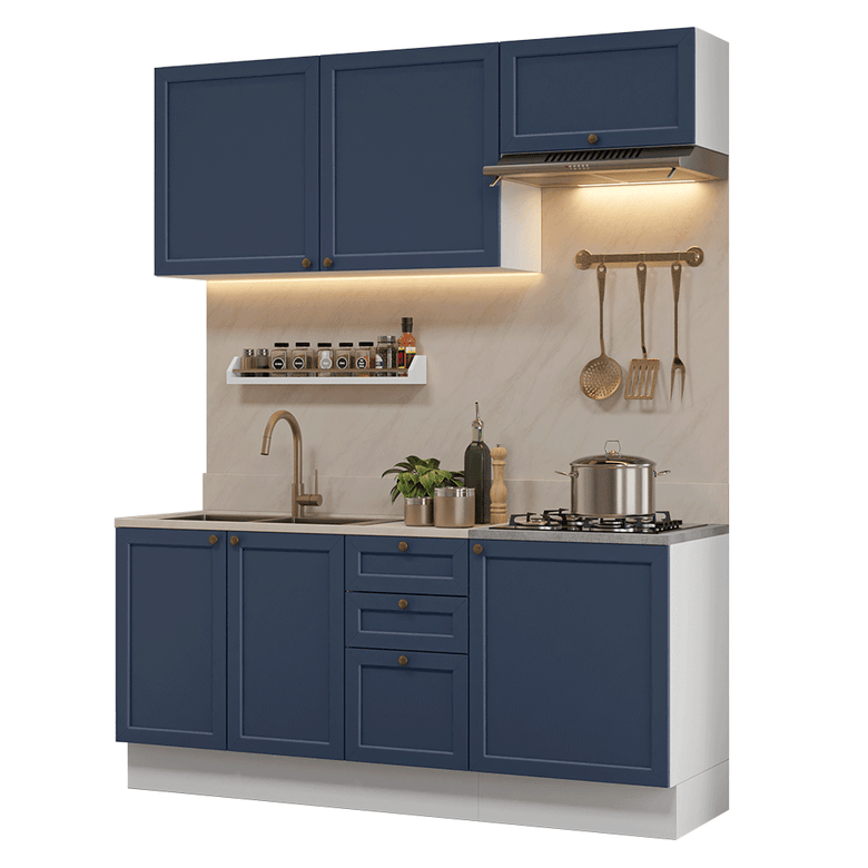 Armário de Cozinha Compacta 180 cm Branco/Azul Vik Madesa 01