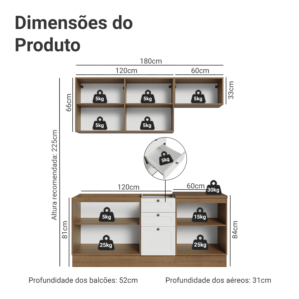 Armário de Cozinha Compacta 180 cm Rustic/Branco Vik Madesa 01