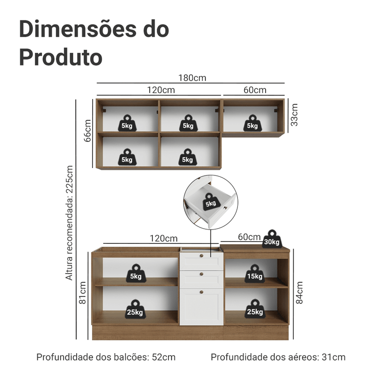 Armário de Cozinha Compacta 180 cm Rustic/Branco Vik Madesa 01