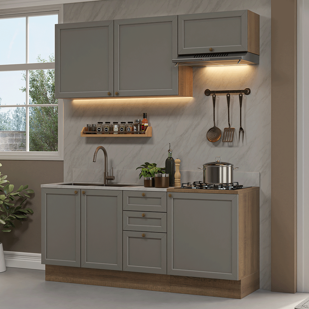 Armário de Cozinha Compacta 180 cm Rustic/Cinza Vik Madesa 01 - Rustic/Cinza