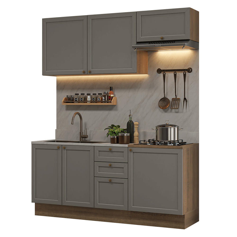 Armário de Cozinha Compacta 180 cm Rustic/Cinza Vik Madesa 01 - Rustic/Cinza