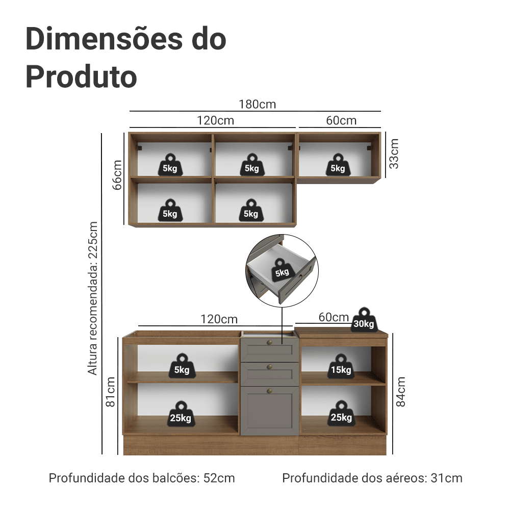 Armário de Cozinha Compacta 180 cm Rustic/Cinza Vik Madesa 01