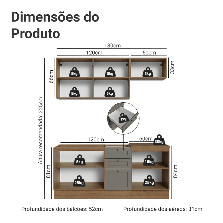 Armário de Cozinha Compacta 180 cm Rustic/Cinza Vik Madesa 01