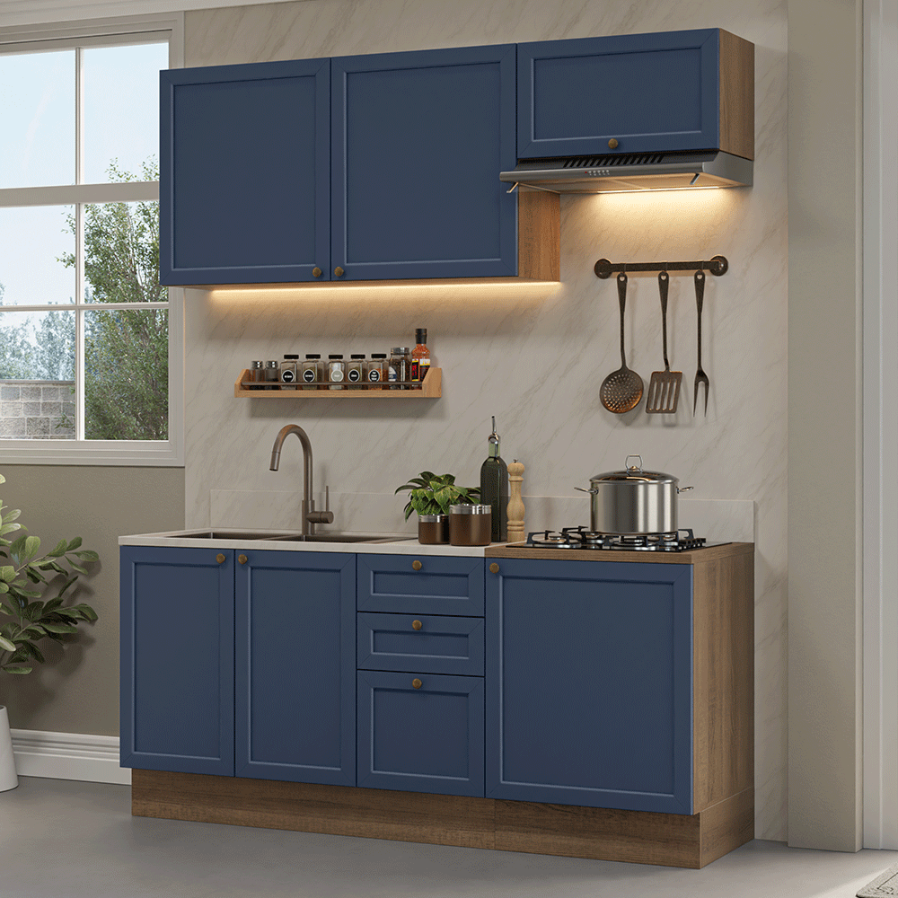 Armário de Cozinha Compacta 180 cm Rustic/Azul Vik Madesa 01 - Rustic/Azul