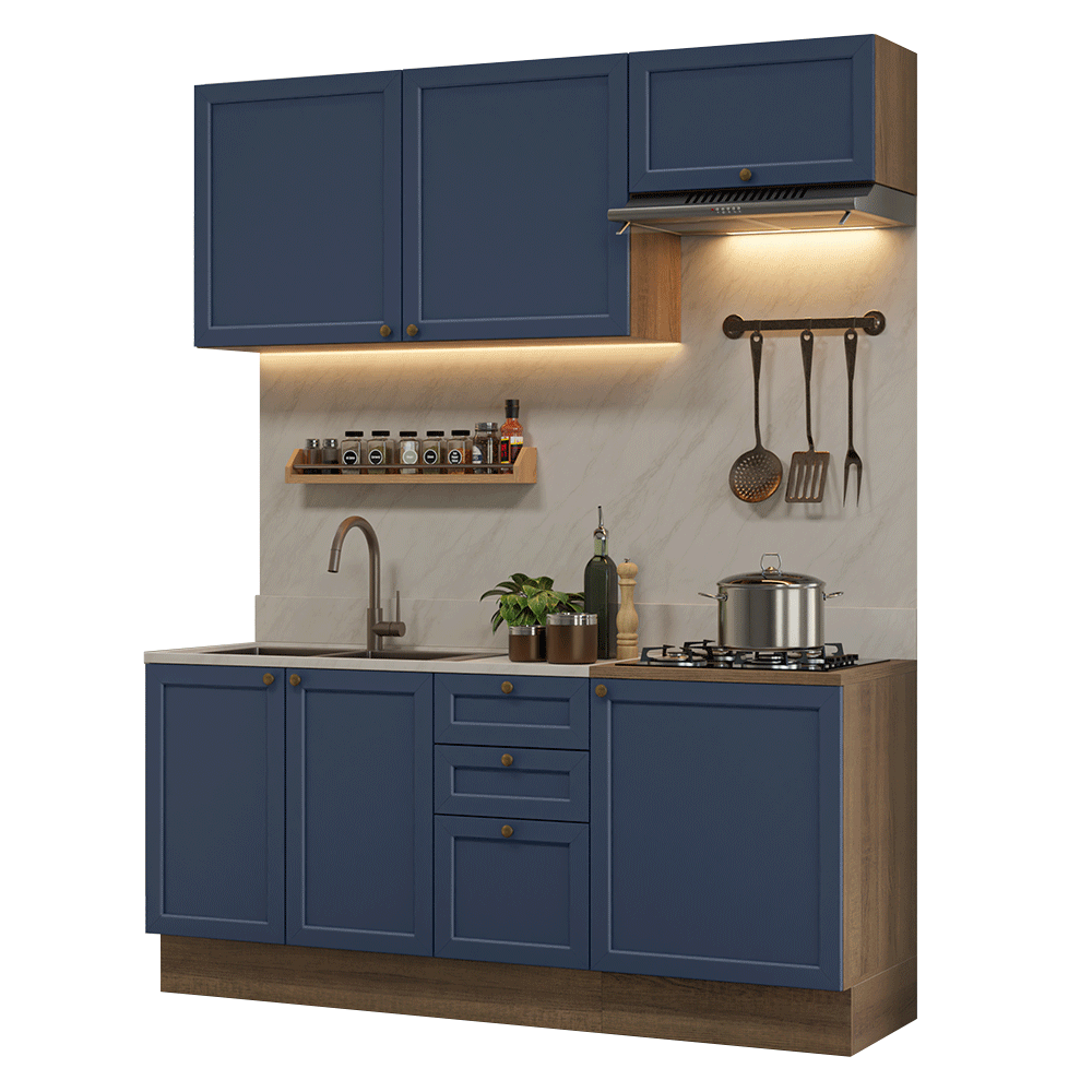 Armário de Cozinha Compacta 180 cm Rustic/Azul Vik Madesa 01 - Rustic/Azul