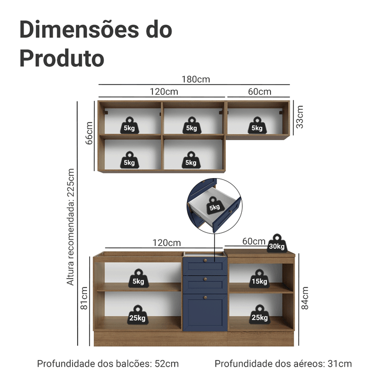 Armário de Cozinha Compacta 180 cm Rustic/Azul Vik Madesa 01