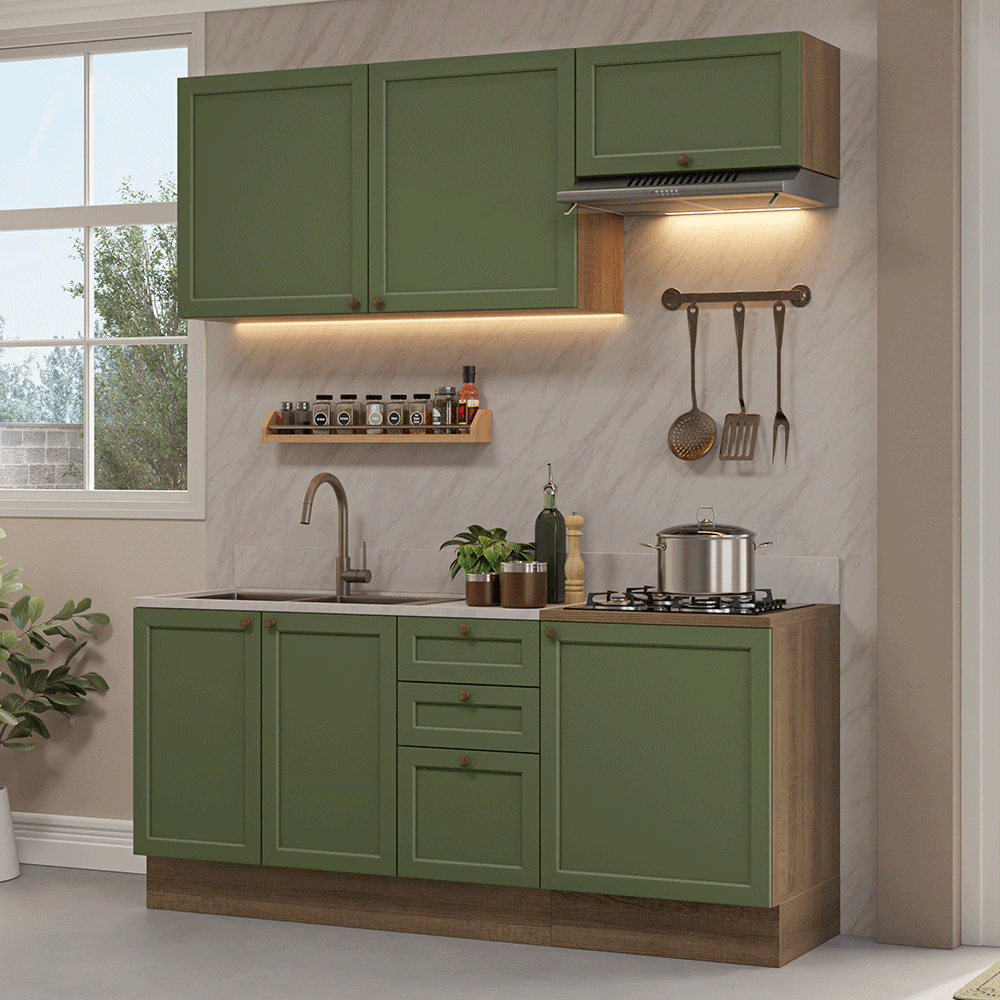 Armário de Cozinha Compacta 180 cm Rustic/Verde Vik Madesa 01 - Rustic/Verde