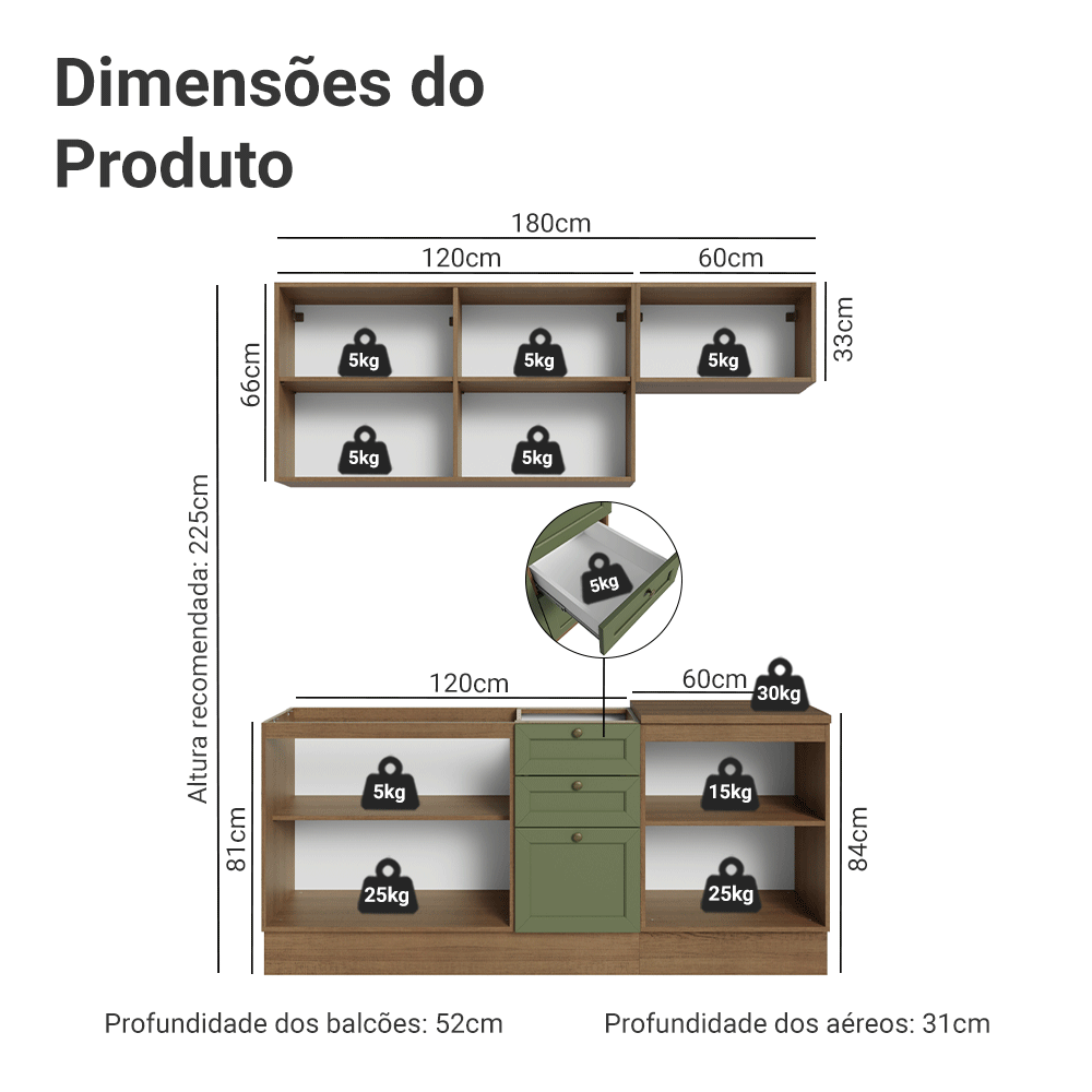 Armário de Cozinha Compacta 180 cm Rustic/Verde Vik Madesa 01