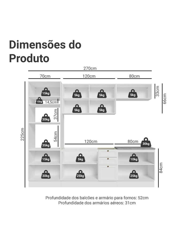 Armário de Cozinha Completa 270 cm Branco Vik Madesa 01