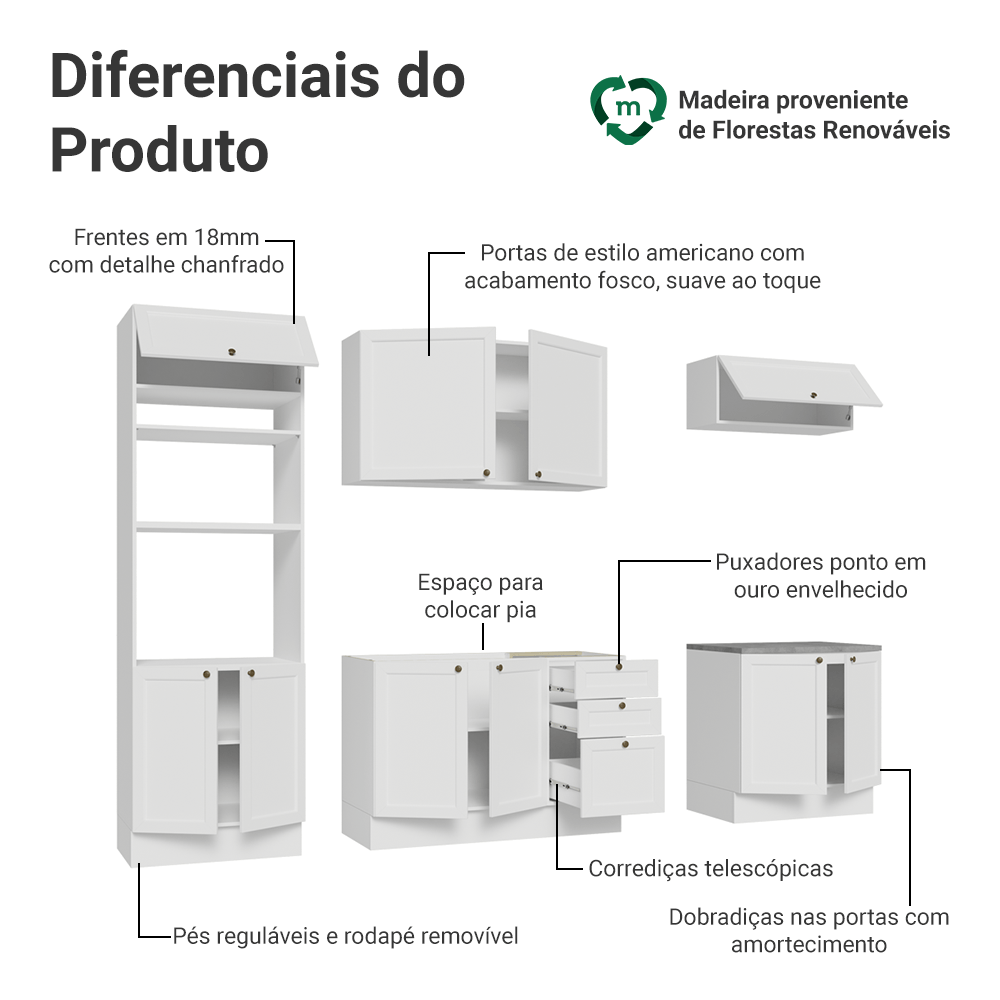 Armário de Cozinha Completa 270 cm Branco Vik Madesa 01