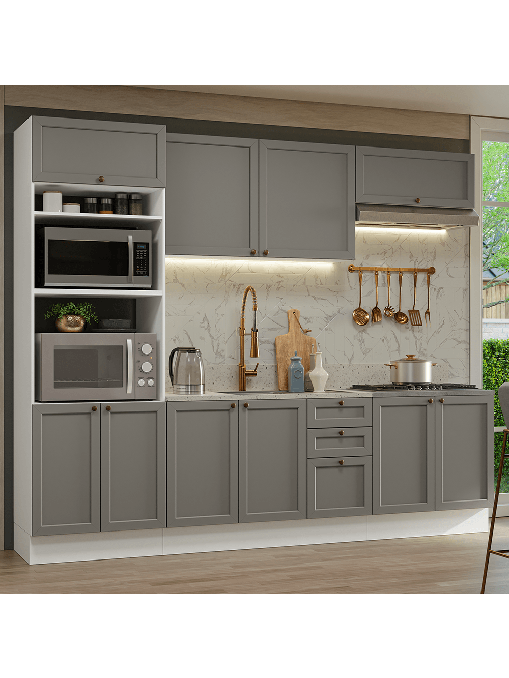 Armário de Cozinha Completa 270 cm Branco/Cinza Vik Madesa 01 - Branco/Cinza