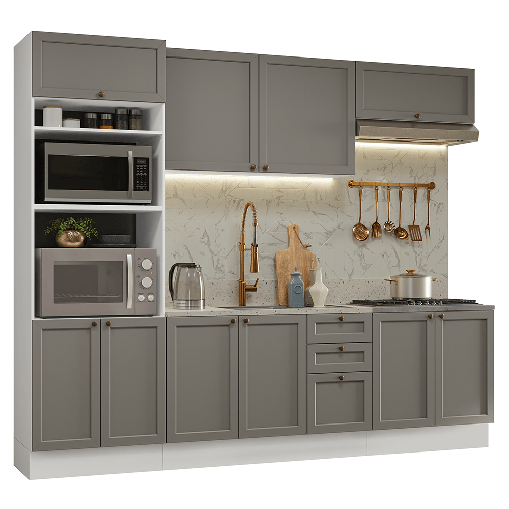 Armário de Cozinha Completa 270 cm Branco/Cinza Vik Madesa 01 - Branco/Cinza