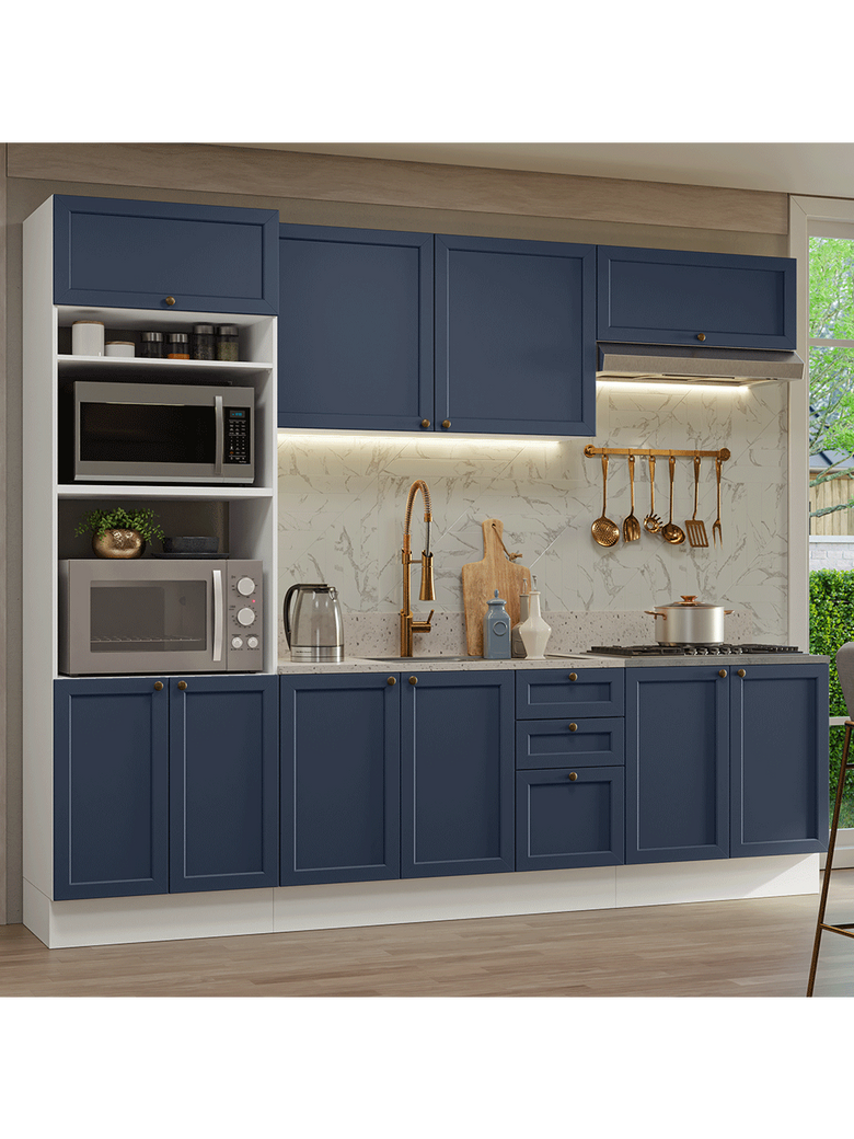 Armário de Cozinha Completa 270 cm Branco/Azul Vik Madesa 01