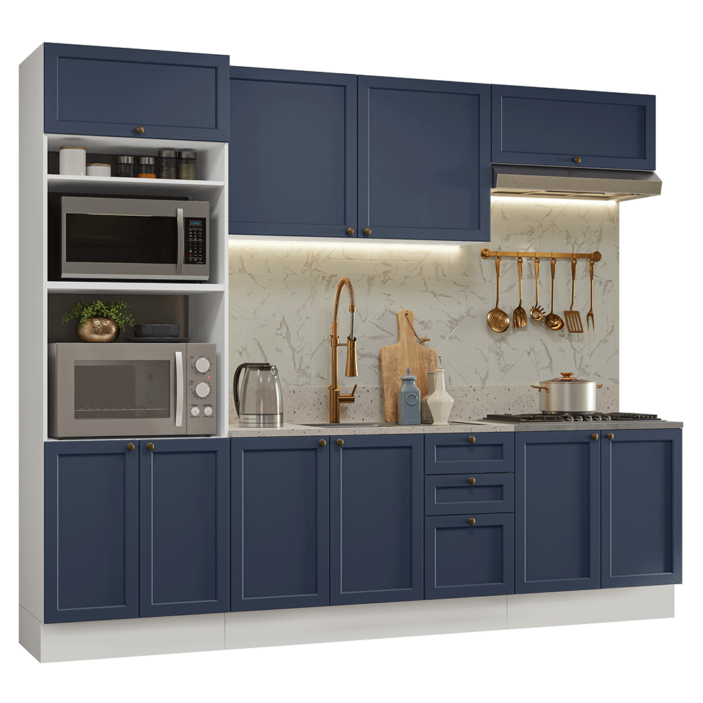 Armário de Cozinha Completa 270 cm Branco/Azul Vik Madesa 01 - Branco/Azul