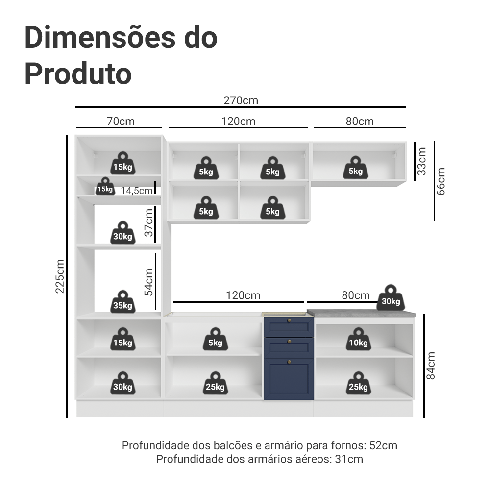 Armário de Cozinha Completa 270 cm Branco/Azul Vik Madesa 01