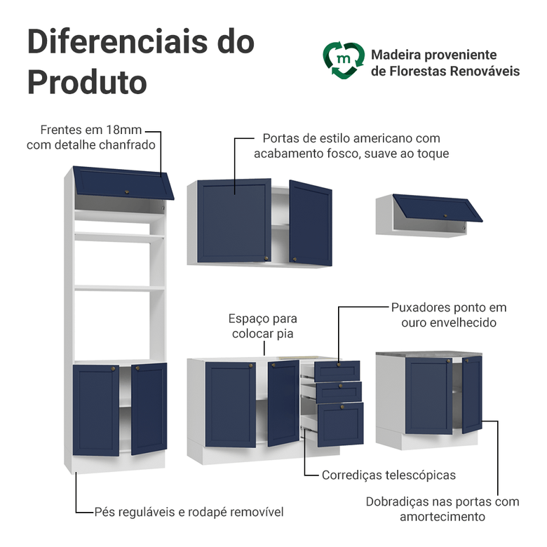 Armário de Cozinha Completa 270 cm Branco/Azul Vik Madesa 01