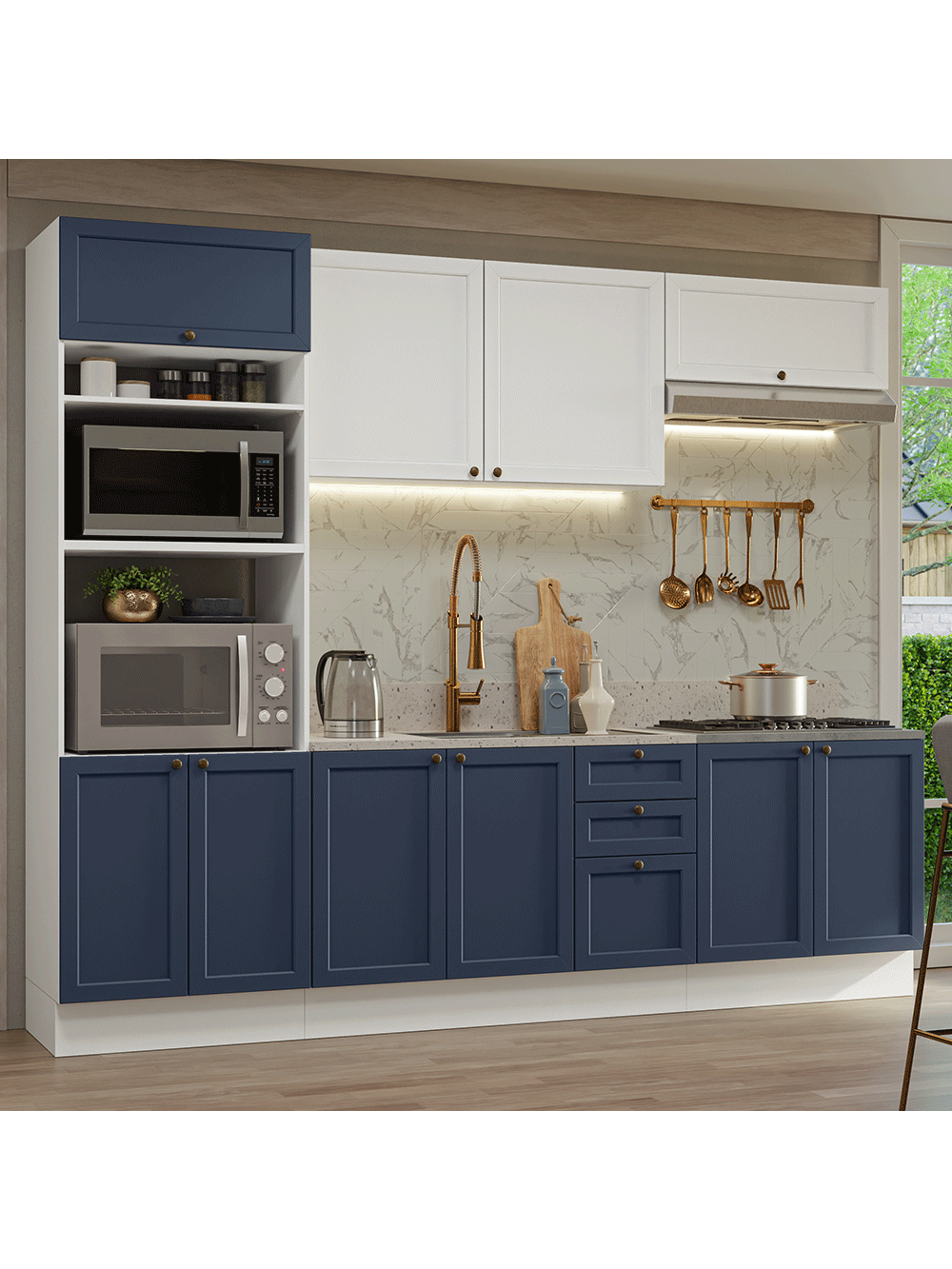 Armário de Cozinha Completa 270 cm Branco/Azul/Branco Vik Madesa 01 - Branco/Azul/Branco