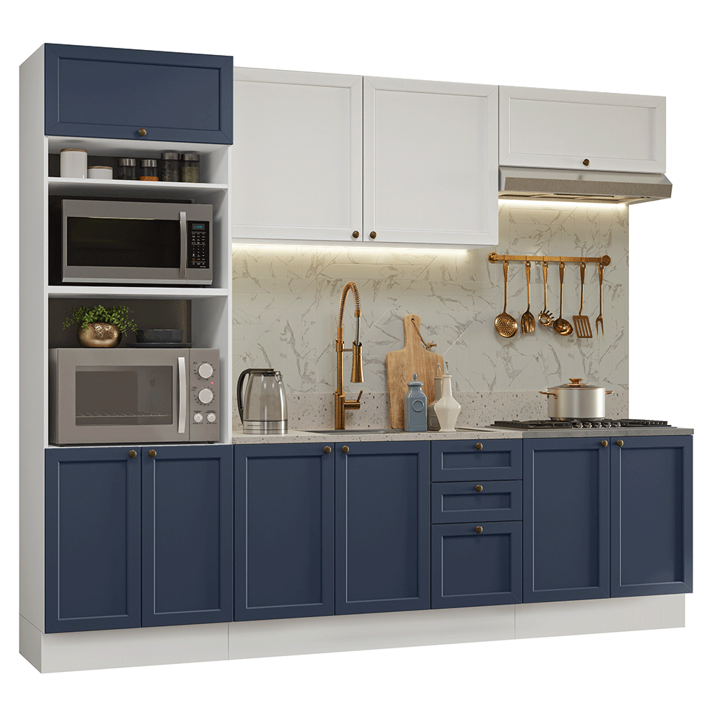 Armário de Cozinha Completa 270 cm Branco/Azul/Branco Vik Madesa 01 - Branco/Azul/Branco