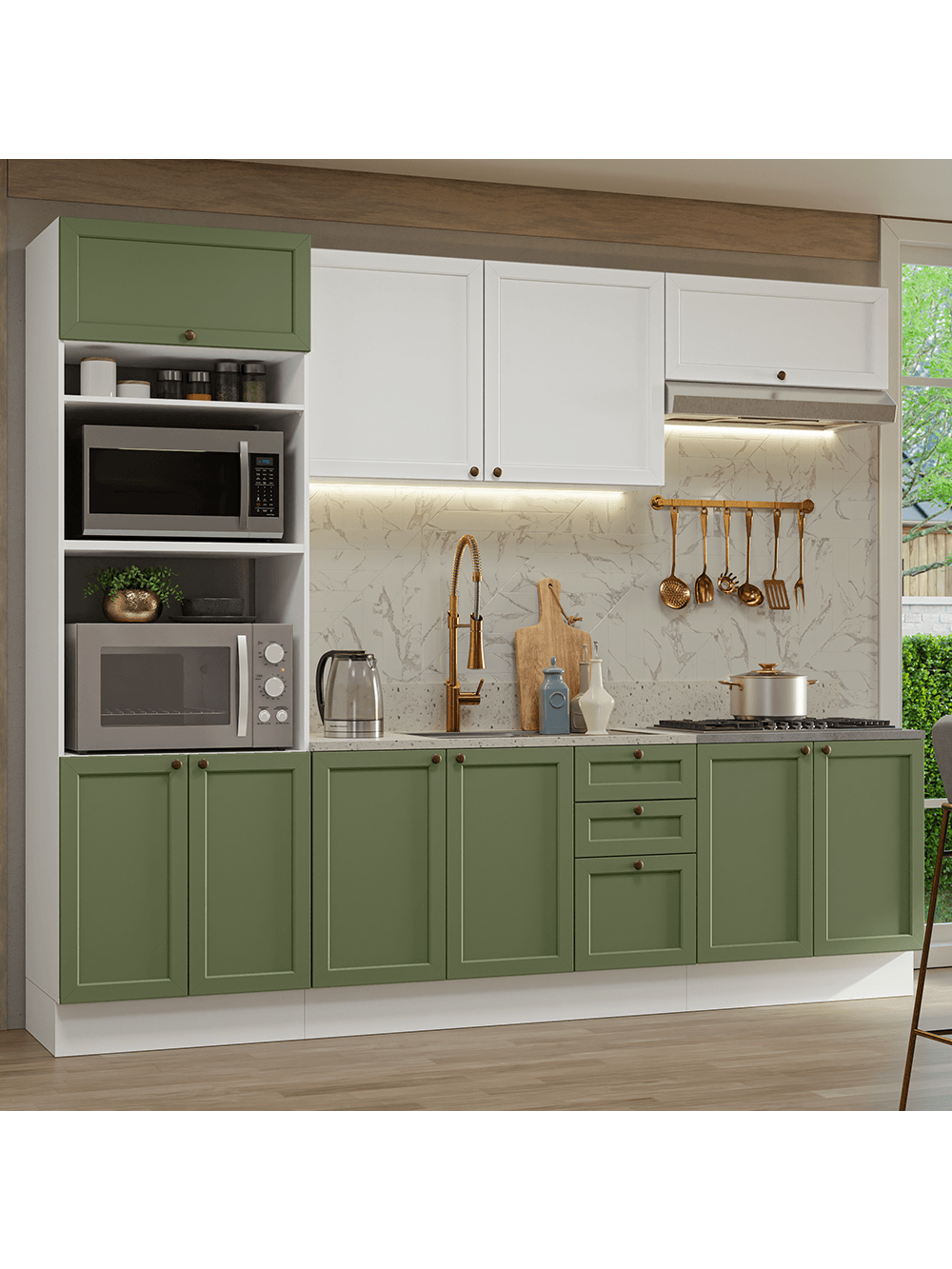 Armário de Cozinha Completa 270 cm Branco/Verde/Branco Vik Madesa 01 - Branco/Verde/Branco