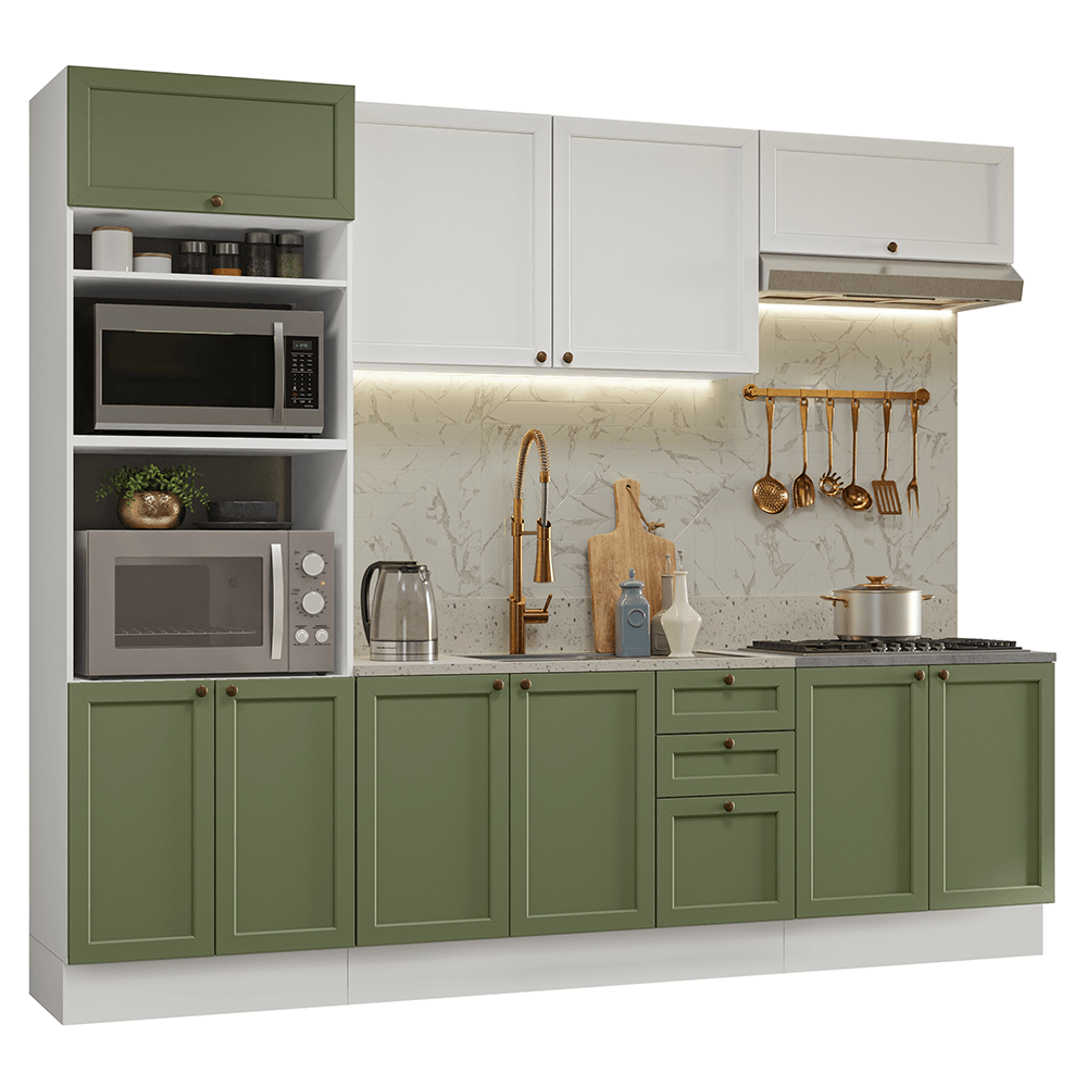 Armário de Cozinha Completa 270 cm Branco/Verde/Branco Vik Madesa 01 - Branco/Verde/Branco