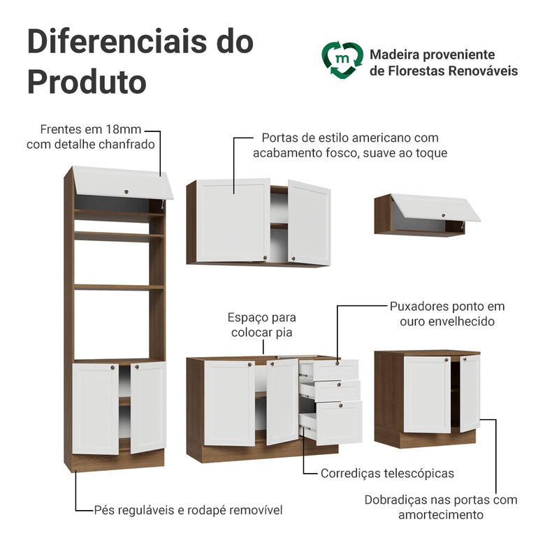 Armário de Cozinha Completa 270 cm Rustic/Branco Vik Madesa 01