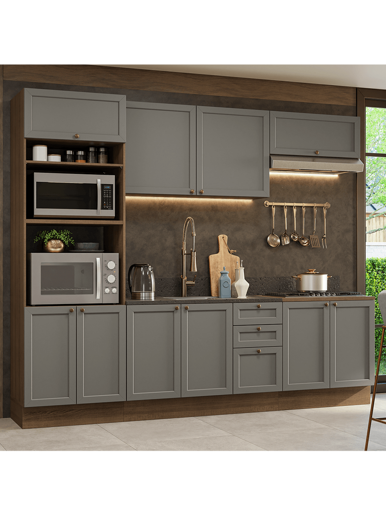 Armário de Cozinha Completa 270 cm Rustic/Cinza Vik Madesa 01
