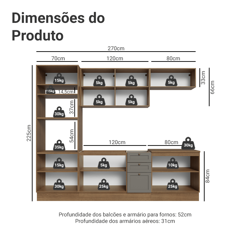 Armário de Cozinha Completa 270 cm Rustic/Cinza Vik Madesa 01