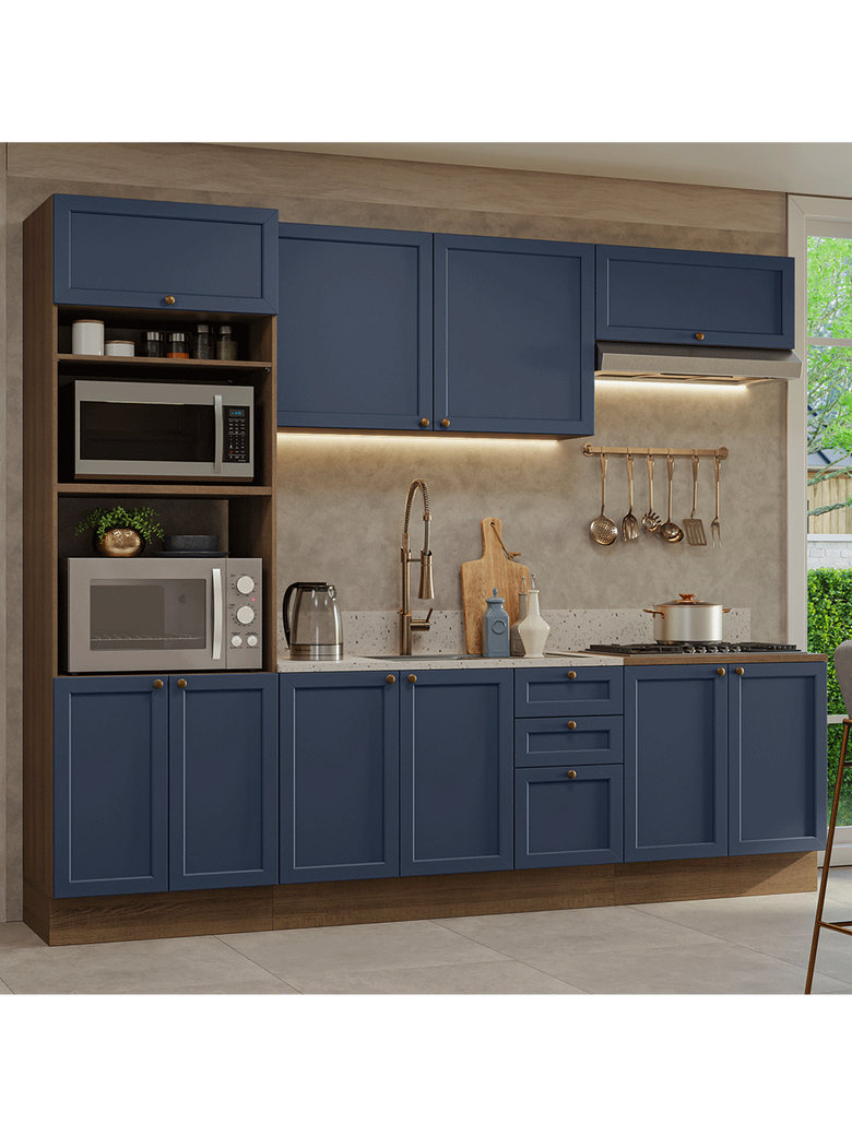Armário de Cozinha Completa 270 cm Rustic/Azul Vik Madesa 01
