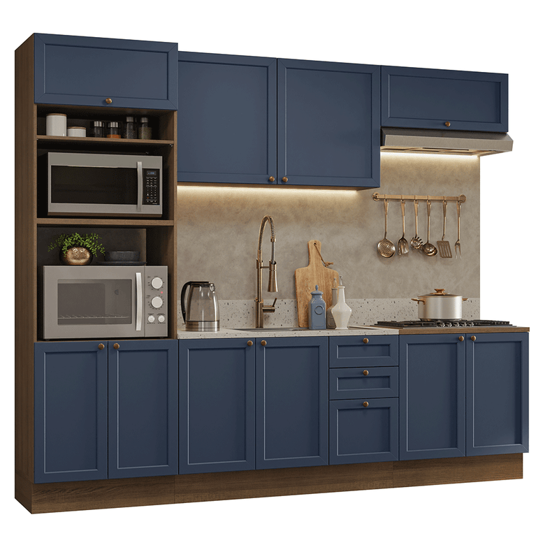 Armário de Cozinha Completa 270 cm Rustic/Azul Vik Madesa 01