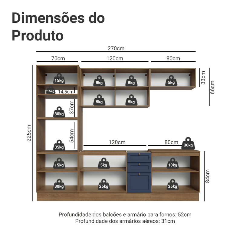 Armário de Cozinha Completa 270 cm Rustic/Azul Vik Madesa 01