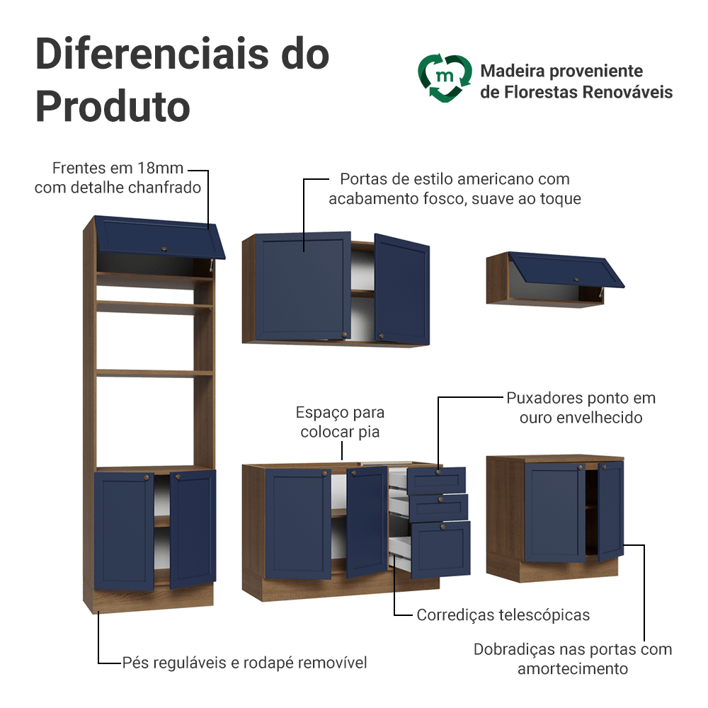 Armário de Cozinha Completa 270 cm Rustic/Azul Vik Madesa 01