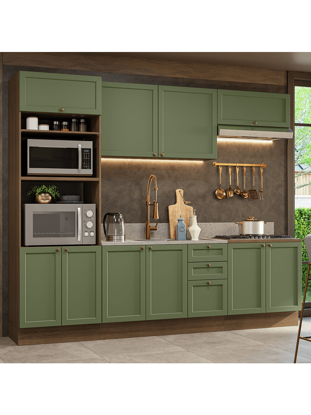 Armário de Cozinha Completa 270 cm Rustic/Verde Vik Madesa 01 - Rustic/Verde