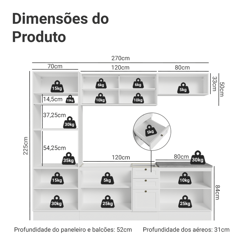 Armário de Cozinha Completa 270 cm Branco Vik Madesa 02