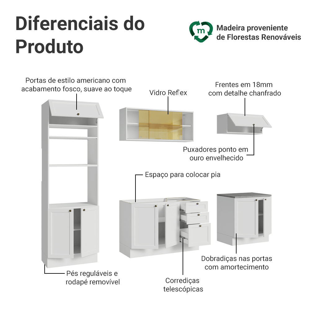 Armário de Cozinha Completa 270 cm Branco Vik Madesa 02