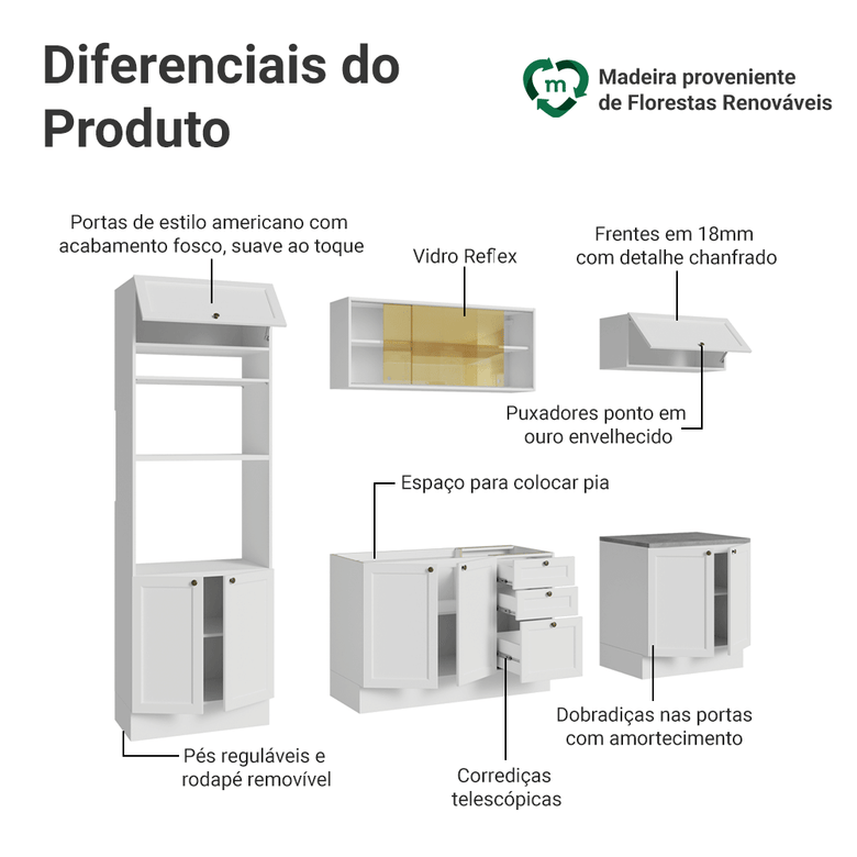 Armário de Cozinha Completa 270 cm Branco Vik Madesa 02