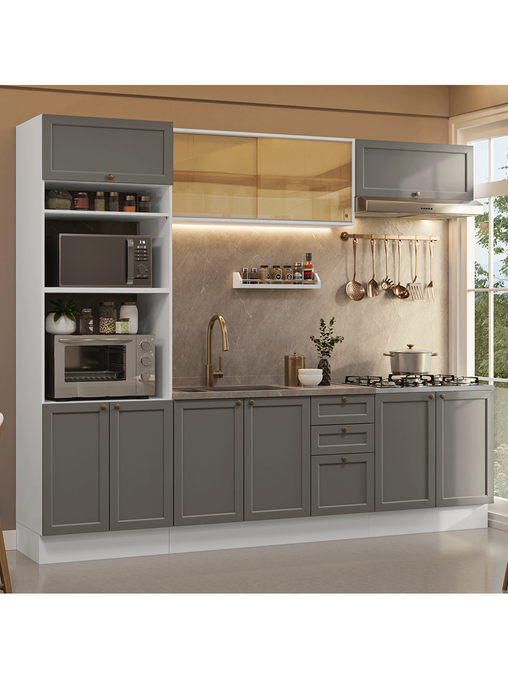 Armário de Cozinha Completa 270 cm Branco/Cinza Vik Madesa 02 - Branco/Cinza