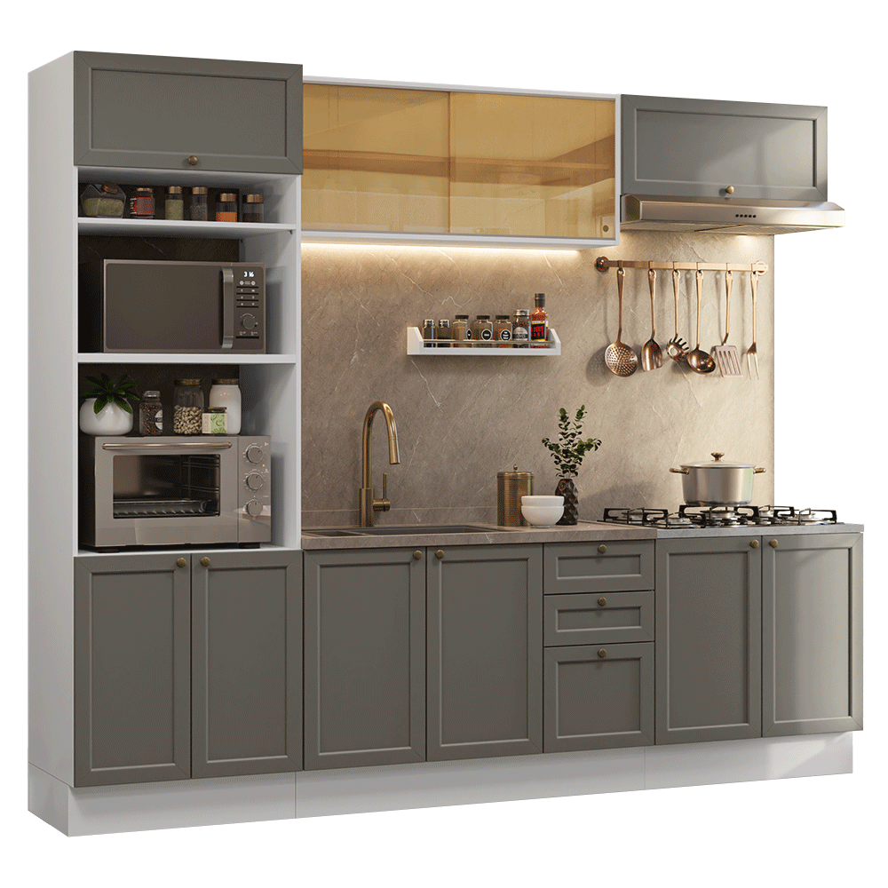 Armário de Cozinha Completa 270 cm Branco/Cinza Vik Madesa 02 - Branco/Cinza