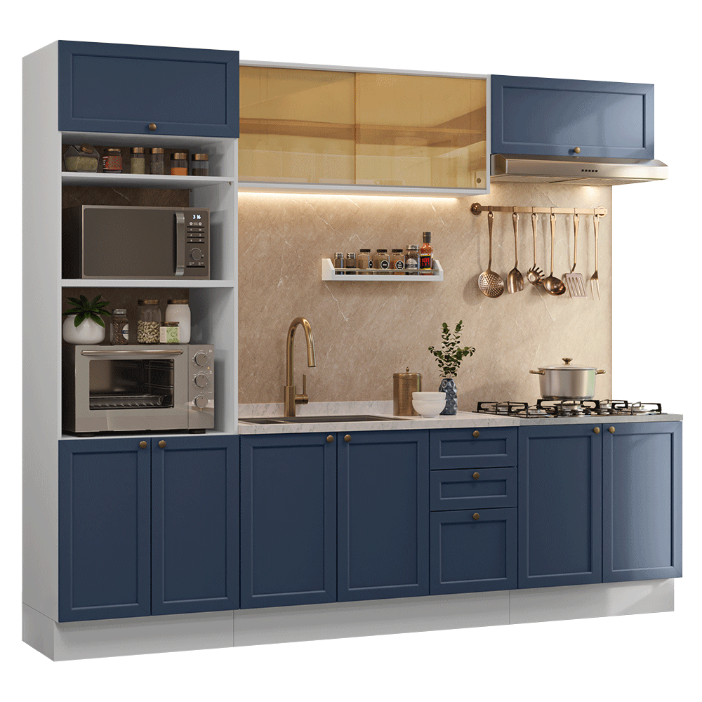 Armário de Cozinha Completa 270 cm Branco/Azul Vik Madesa 02 - Branco/Azul
