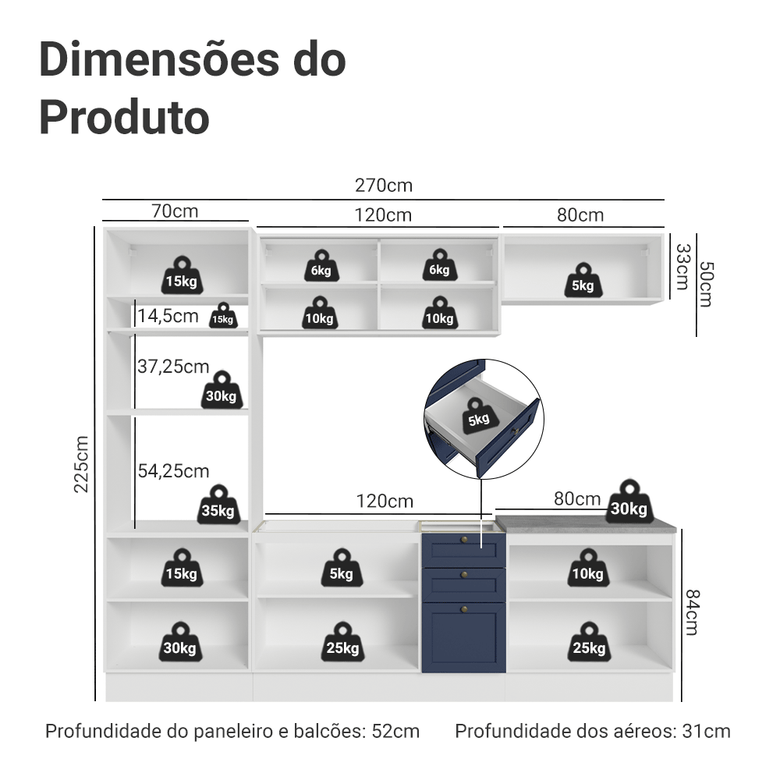Armário de Cozinha Completa 270 cm Branco/Azul Vik Madesa 02