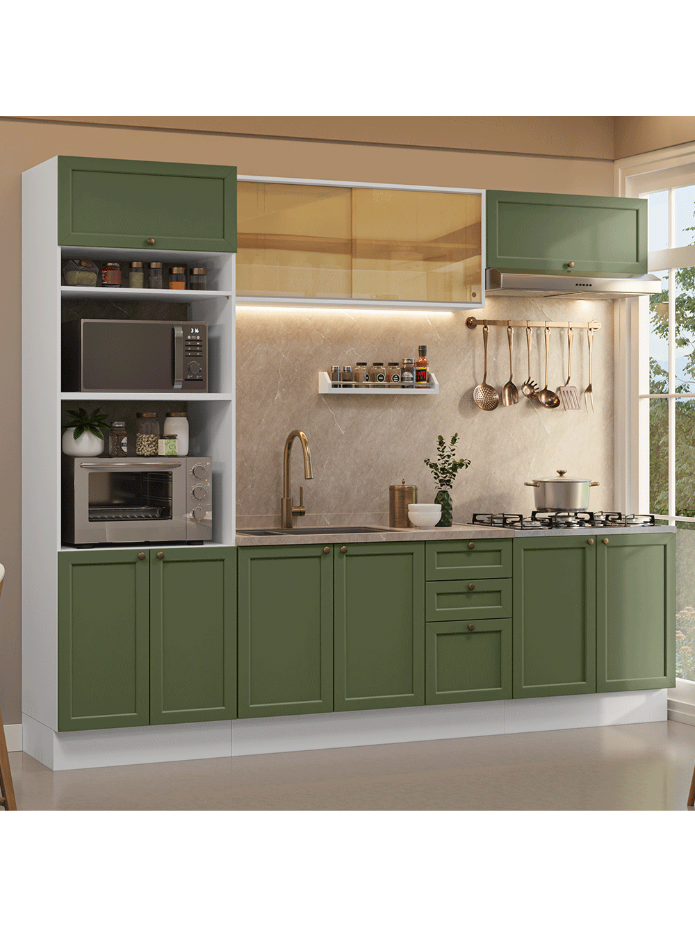 Armário de Cozinha Completa 270 cm Branco/Verde Vik Madesa 02 - Branco/Verde