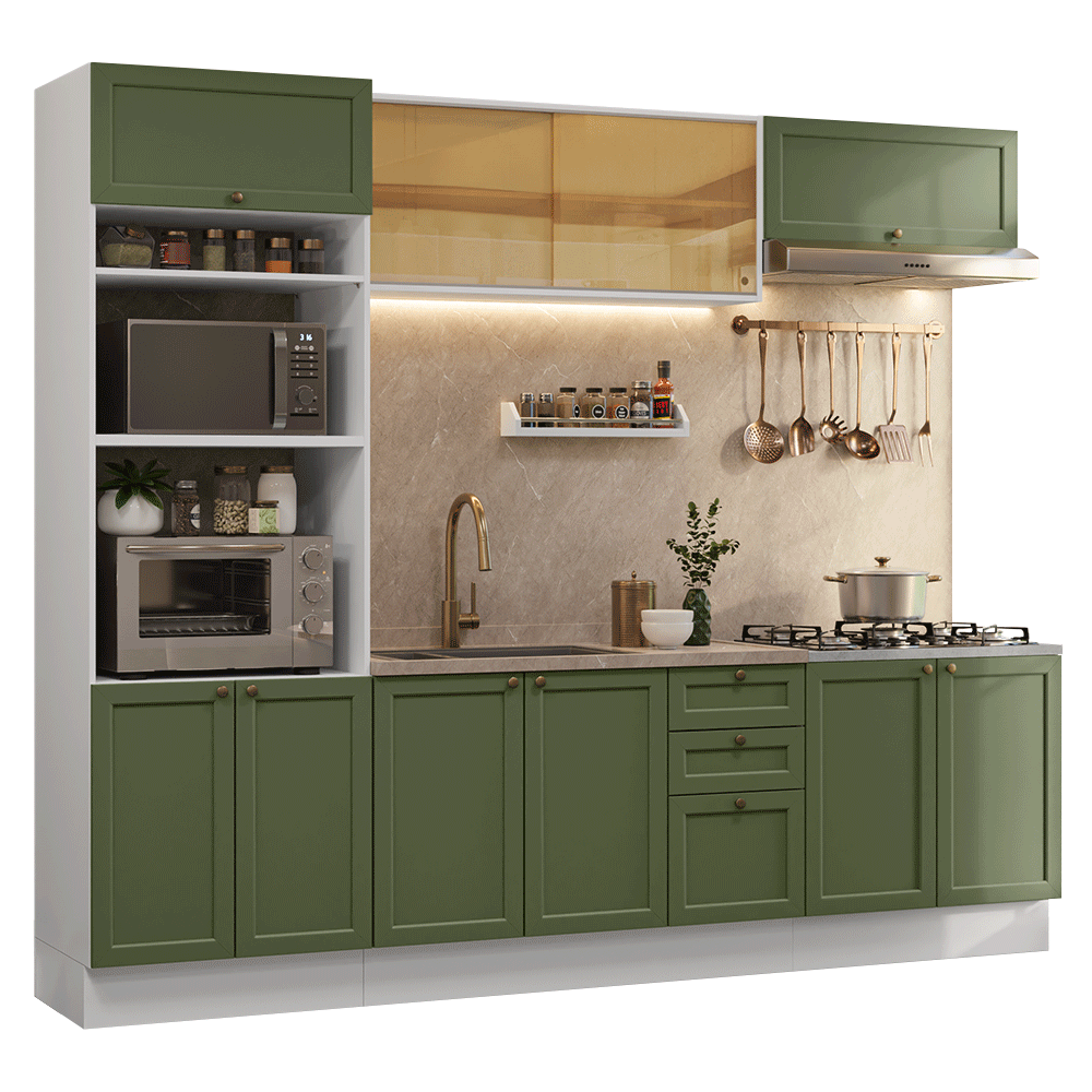Armário de Cozinha Completa 270 cm Branco/Verde Vik Madesa 02 - Branco/Verde