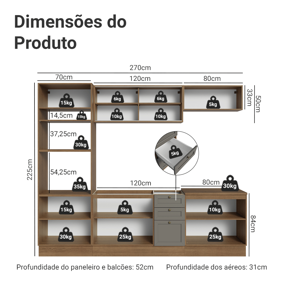Armário de Cozinha Completa 270 cm Rustic/Cinza Vik Madesa 02
