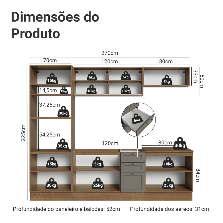 Armário de Cozinha Completa 270 cm Rustic/Cinza Vik Madesa 02