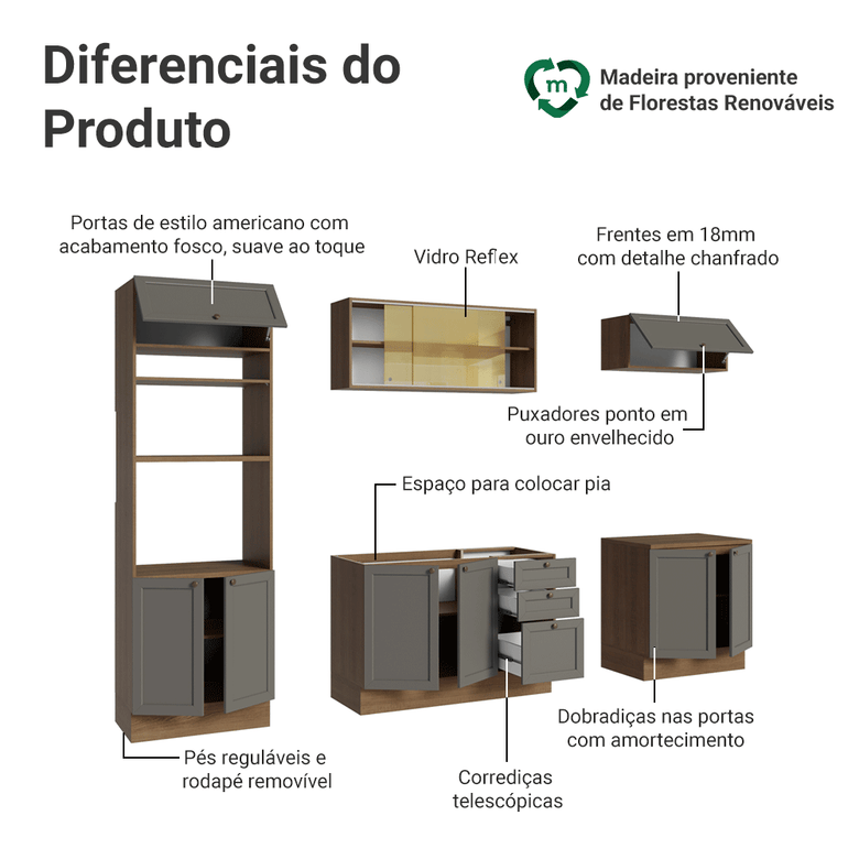 Armário de Cozinha Completa 270 cm Rustic/Cinza Vik Madesa 02