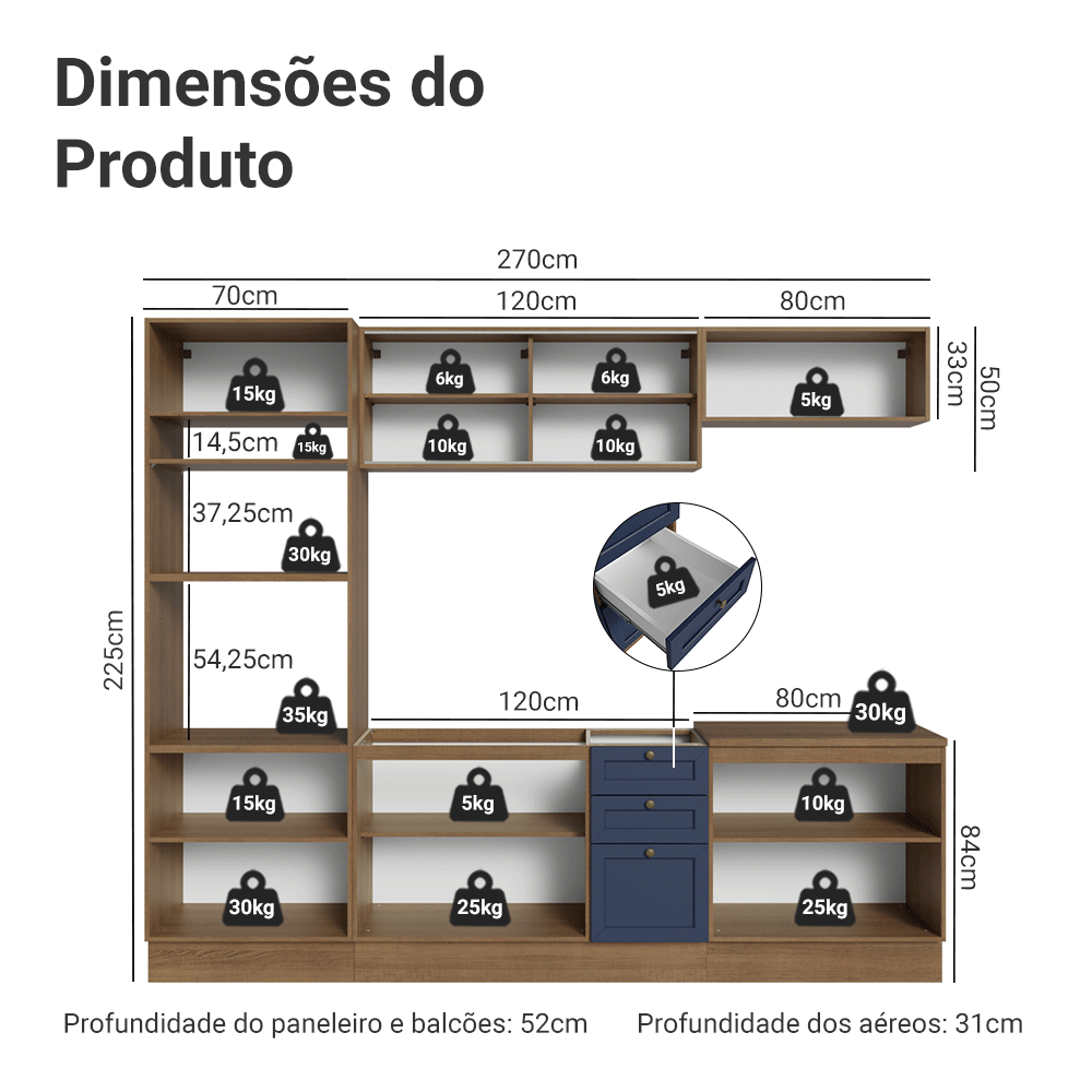 Armário de Cozinha Completa 270 cm Rustic/Azul Vik Madesa 02