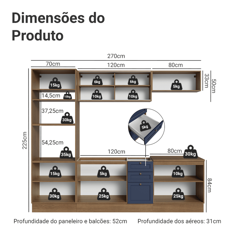 Armário de Cozinha Completa 270 cm Rustic/Azul Vik Madesa 02