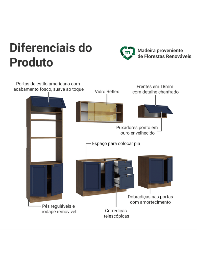 Armário de Cozinha Completa 270 cm Rustic/Azul Vik Madesa 02
