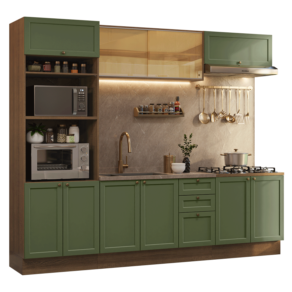 Armário de Cozinha Completa 270 cm Rustic/Verde Vik Madesa 02 - Rustic/Verde