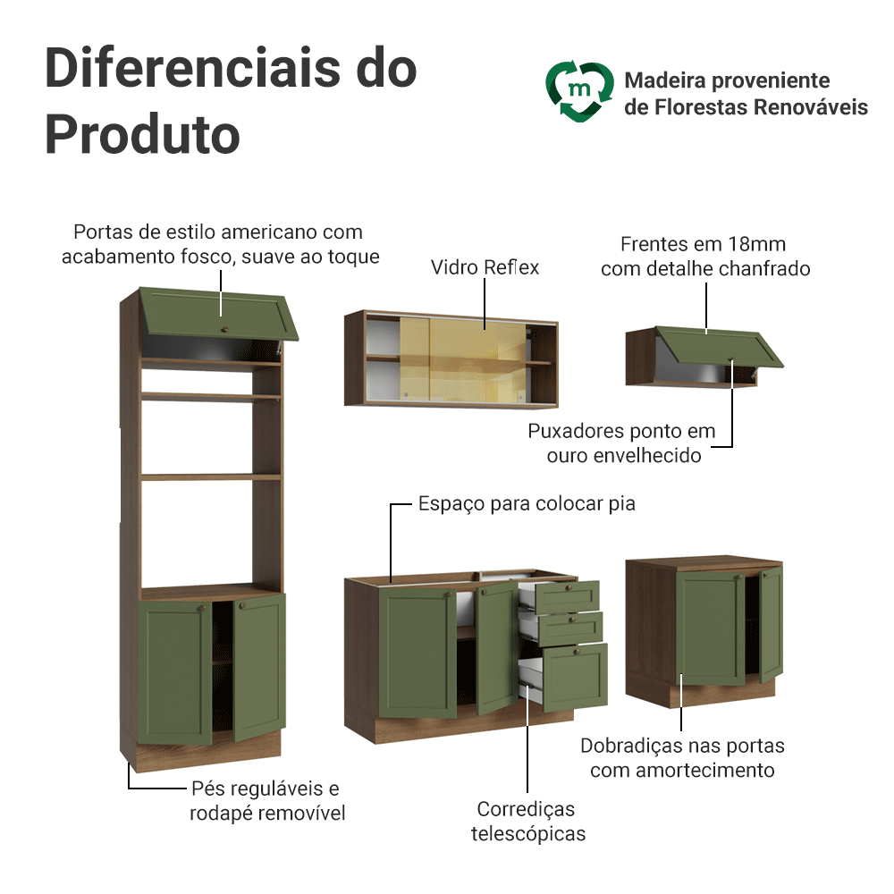 Armário de Cozinha Completa 270 cm Rustic/Verde Vik Madesa 02